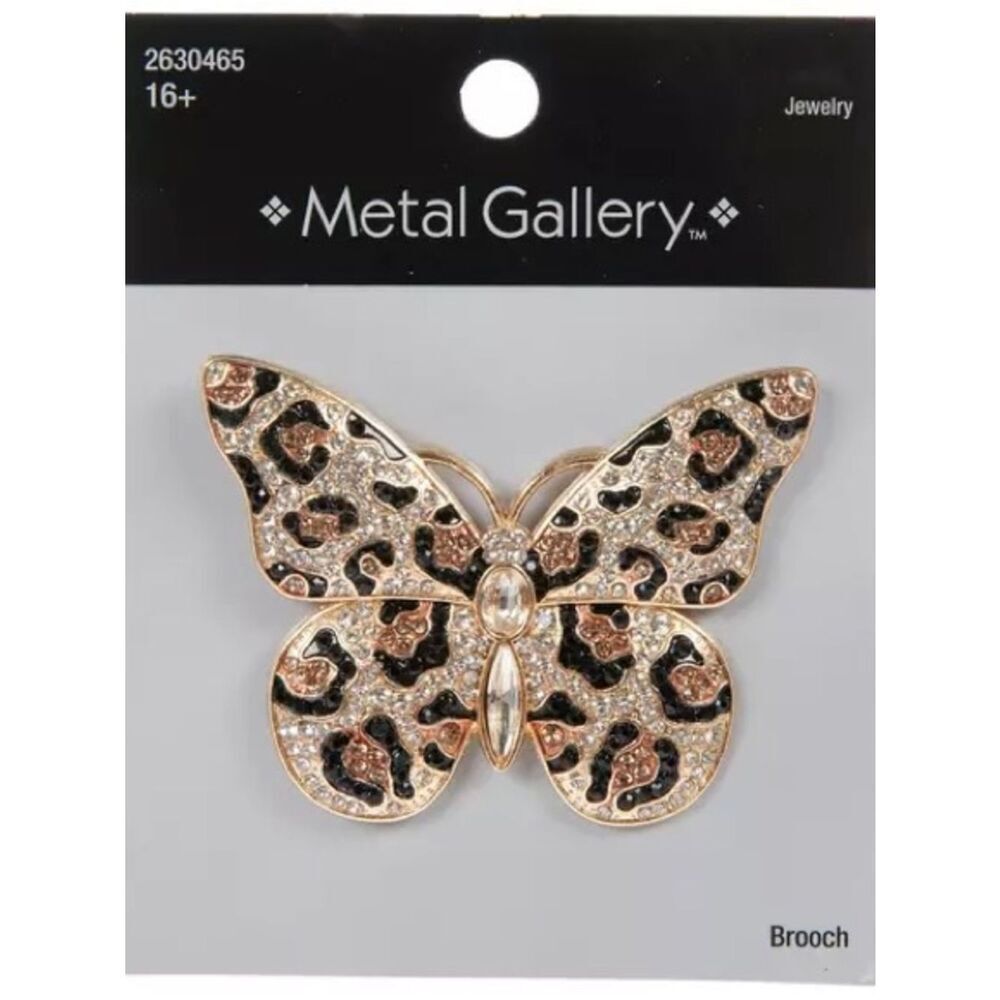 New Metal Gallery Leopard Print Rhinestone Butterfly Brooch